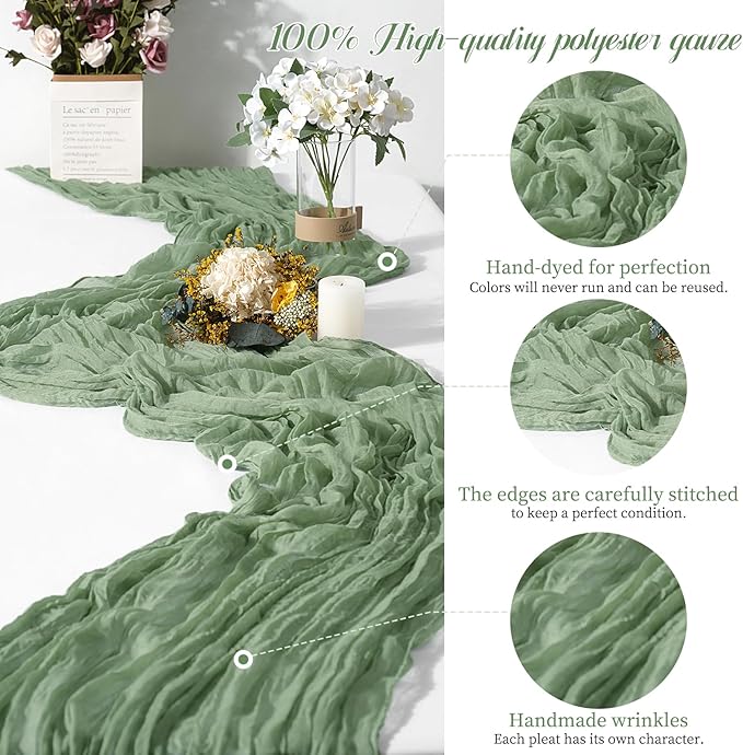 15 Packs Sage Green Cheesecloth Table Runner, 10 Ft Sage Rustic Gauze Boho Wedding Table Runner Decoration, Wedding Table Decor Table Cloth for Wedding Party Bridal Shower Table,21.5x120in