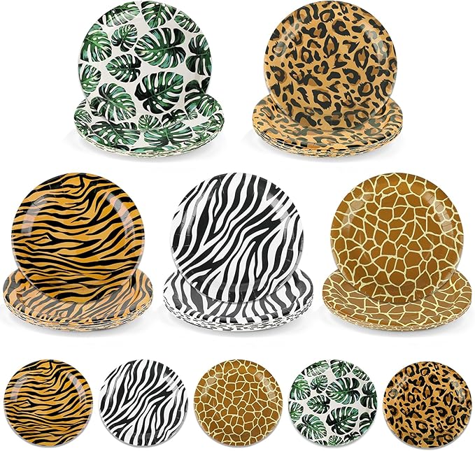 50 PCS Jungle Safari Party Tableware Supplies, Disposable Wild Animal 7 Inch Paper Plates, Zebra Giraffe Leopard Plates for Jungle Zoo Animal Themed Baby Shower Birthday Party Decor, Serves 50 Guests