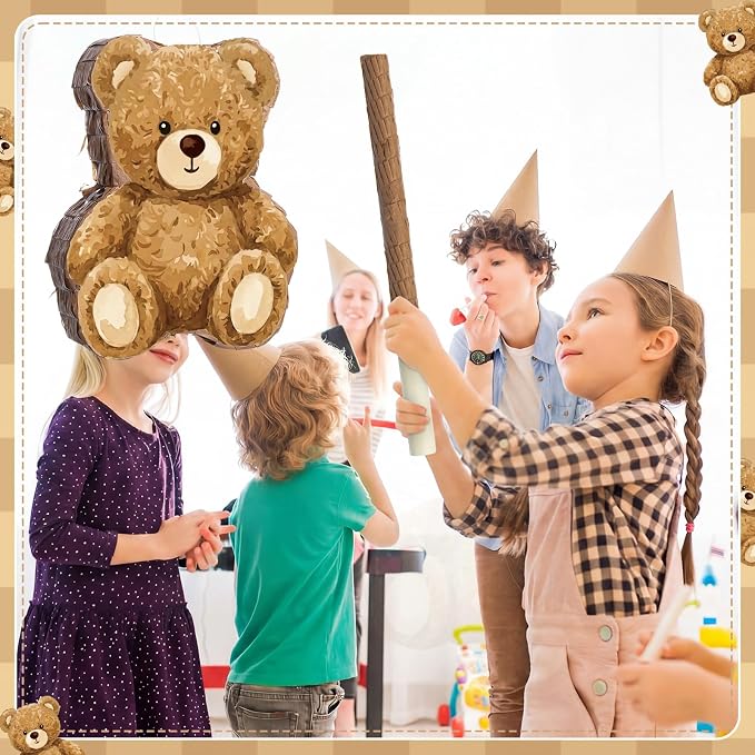 VioraWhite Bear Piñata Birthday Party Decorations Animal Birthday Party Supplies Brown Piñata with Blindfold Stick for Boys Girls Kids Valentine Baby Shower Decor Supplies Favors