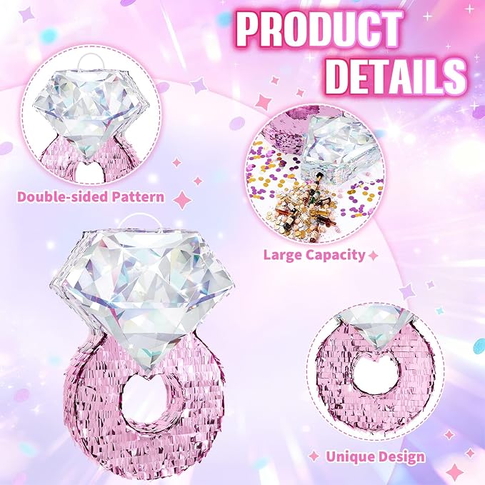 WERNNSAI Diamond Ring Piñata - Valentines Day Party Decoration Shiny Ring Piñata with Blindfold and Stick for Valentines Day Engagement Party Decoration Wedding Bachelorette Party Surprise Supplies