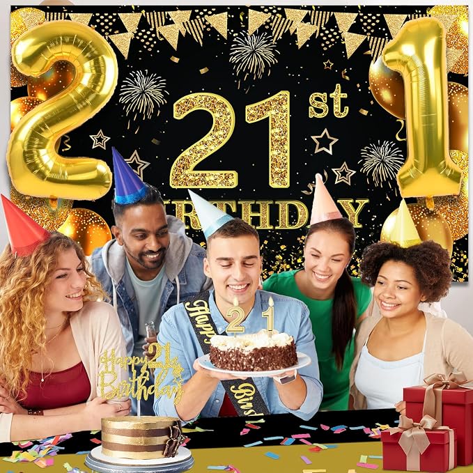 21st Birthday Decorations for Him Her with Banner, Black and Gold Table Cloth, Number Balloons, Large 21st Birthday Sash, Cake Topper and Candles