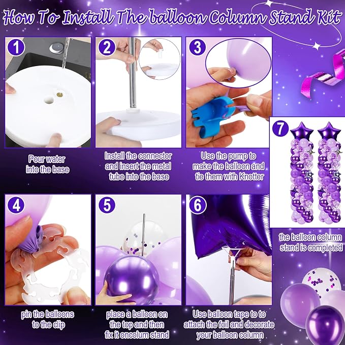 Gejoy 110 Pcs Purple Silver Balloons Column Stand Kit Adjustable Tower Stand from 1.4 to 6.6 ft with Bases for Back to School Wedding Birthday Baby Shower Party