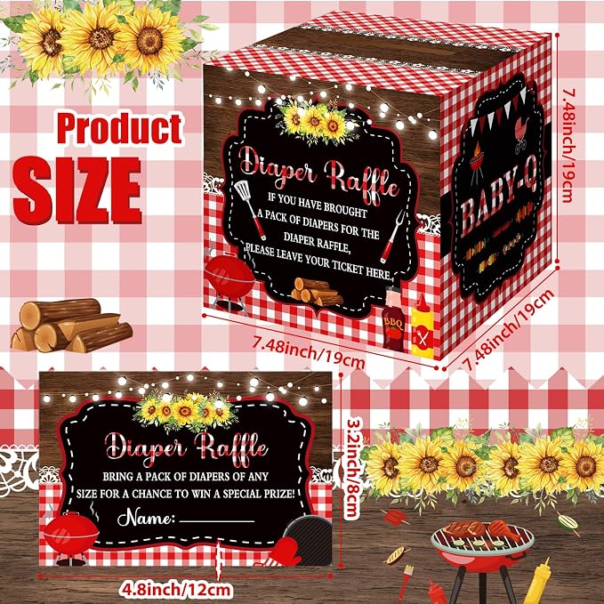 Teling 51 Pieces Diaper Raffle Tickets with Card Box Baby Shower Decorations Gender Reveal Holder Box for Girl Boy Diaper Raffle Party (BBQ Style)