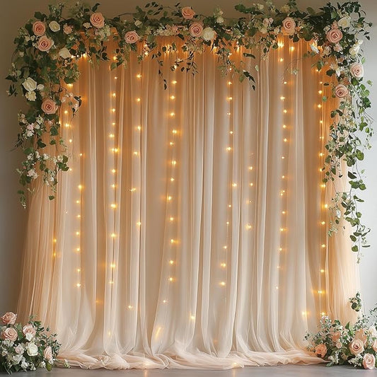 Champagne Tulle Backdrop Curtain with Lights - 10x10ft Sheer Backdrop with 300 LEDs for Wedding, Baby Shower, Bridal Shower, Birthday Party Photo Shoot Background and Home Decorations