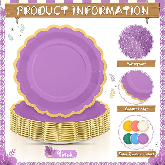 48 Pcs Boho Rainbow Paper Plates 9 Inch Colorful Scalloped Paper Plates Disposable Dinner Dessert for Birthday Wedding Bridal Party Supplies, 6 Colors