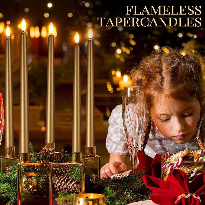 Macarrie 24 Packs Flameless Taper Candles Battery Operated Fake 11 Inch Long Candlelight LED Flameless Candlesticks Flickering Tapered for Summer Fall Wedding(Gold)
