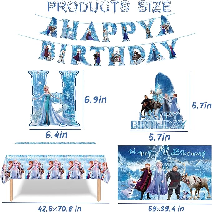 Cartoon Birthday Party Decorations Set with Latex Balloons | Foil Balloons | Happy Birthday Banner | Cake Toppers | Tablecloth | Hanging Swirls | Stickers for Winter Princess Theme Celebration