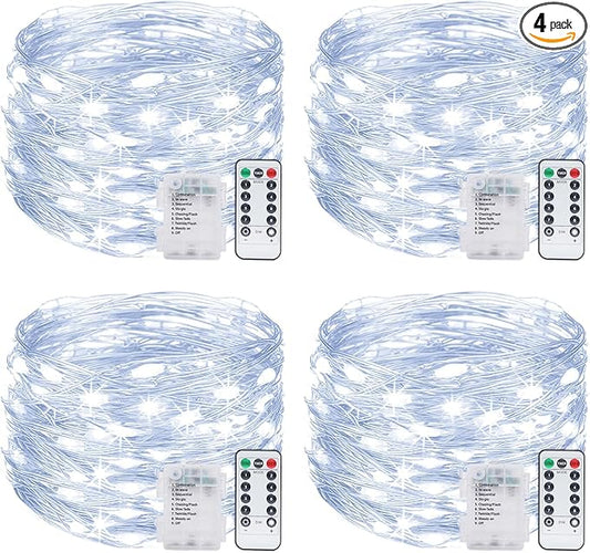 kolpop 4 Pack 39FT Fairy Lights Battery Operated with Timer & Remote, Waterproof 120 LED Twinkle String Lights Outdoor Indoor 8 Modes for Outdoor Indoor Bedroom Christmas Decor, Cool White