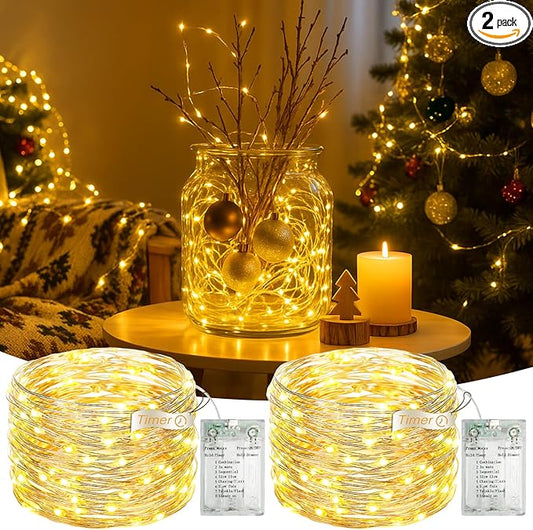 2 Pack 16FT 50 LED Fairy Lights Battery Operated with Timer, 8 Modes USB Mini Twinkle Light, Small String Lights for Tree Wreath Vase Bedroom DIY Holiday Wedding Party Decorations-Warm White