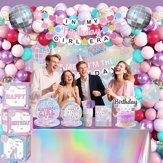 cocomigo 249pcs In My Birthday Girl Era Decorations Complete Party Set, Serves 20 Guests, In My Birthday Girl Era Party Supplies, includes Banner, Balloon Arch, Backdrop, Plates and Napkins Kit, etc