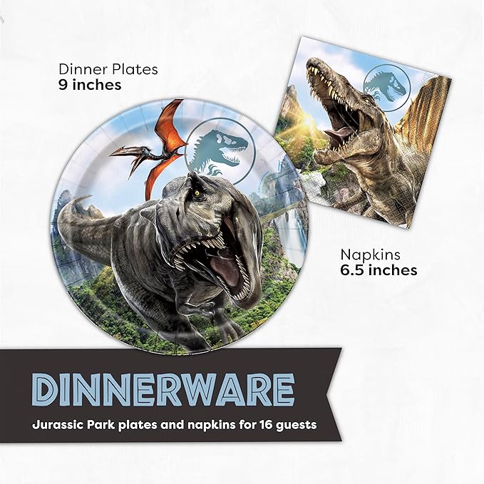 Jurassic Park Birthday Decorations for 16 | Balloons, Banner, Tablecloth, Plates, Napkins, Tattoos| Officially Licensed Jurassic World Party Decorations