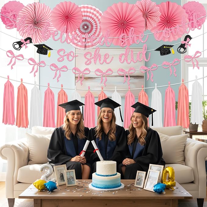 Pink Graduation Decorations 2026 - 14PCS Pink Bow Graduation Banners Pompoms Tassels Paper fans Party Decor, Bowknot Graduation Supplies for Primary Middle High School University College