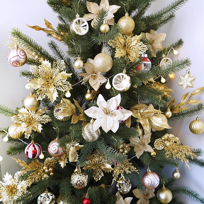 Winlyn 35 Pcs Christmas Artificial Poinsettia Flowers Picks and Artificial Leaves Sprays Gold Glitter Christmas Floral Picks for Gold Christmas Tree Holiday Centerpiece Wreath Garland Decorations