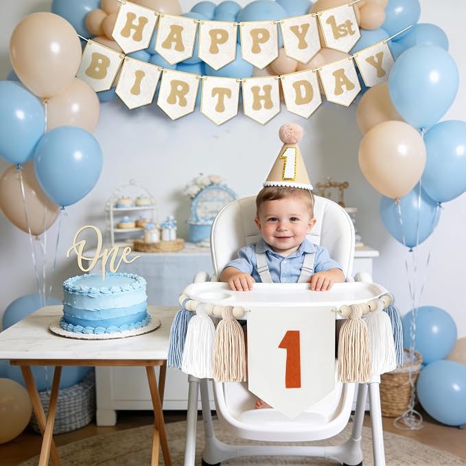 THAWAY 1st Birthday Decorations Boy, First Birthday Becorations for Boy and Girl with Banner, One High Chair Banner, Hat and Wood Cake Topper for One Year Old Party Decor