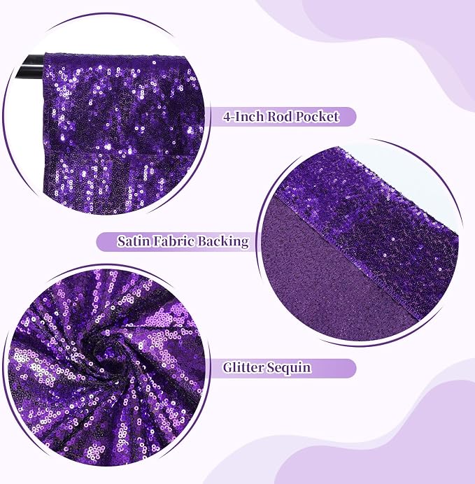 SquarePie 4x7ft Purple Sequin Backdrop for Photography, Satin-Backed Real Sequin Curtain, Enhanced Coverage Shimmering Background with 4" Rod Pocket for Wedding, Birthday, Party Decor, 1 Panel
