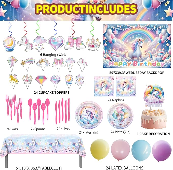 220Pcs Unicorn Party Birthday Supplies - Unicorn Party Decorations Included Backdrop, Banner, Tablecloth, Hanging Swirls, Cupcake Toppers, Tableware, Paper Towel, Latex Balloons