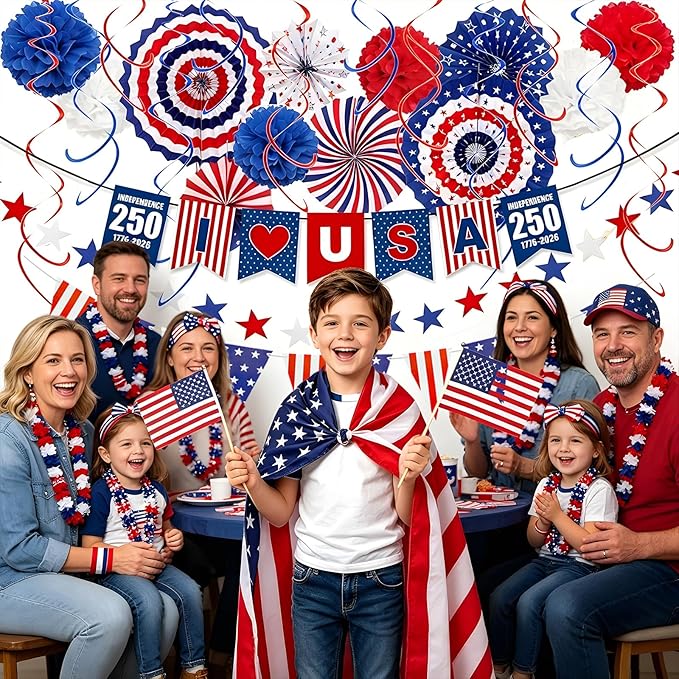 4th of July Decorations 37PCS Patriotic Decorations Red White Blue Paper Fans USA Banner Hanging Swirls Pompom Star Streamer Set for Veterans Day 250th Anniversary Memorial Day