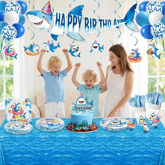 190pcs Shark Plates Napkins Party Supplies Decorations Disposable Tableware Set Include Cups Cutlery Cake Cupcake Topper Banner Hanging Swirl Balloon Tablecloth for Shark Birthday Decorations Serve 20