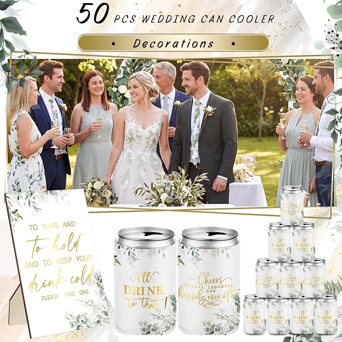 SiliFine 101 Pcs Eucalyptus Leaves Wedding Can Cooler Bulk Engagement Party Favors for 100 Guests Cheers to Love Laughter, and I'll Drink Can Cooler with Wooden Wedding Table Sign Bridal Shower Favor