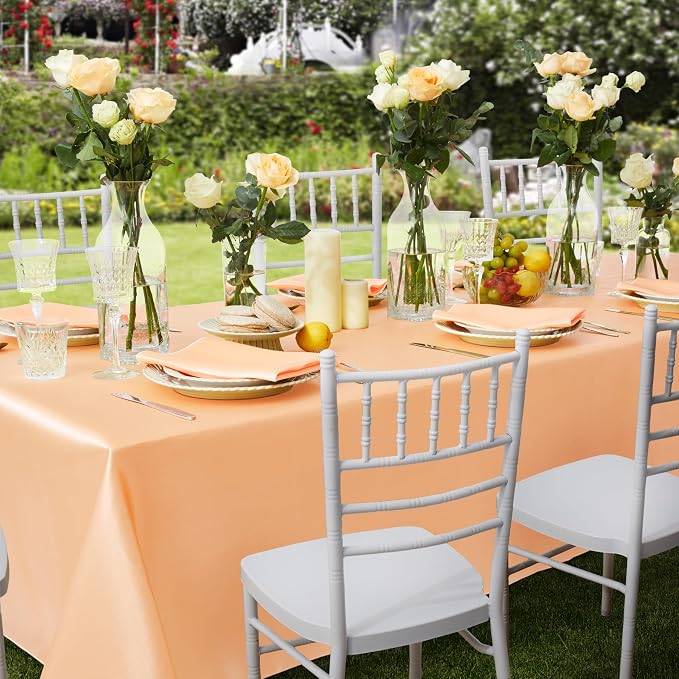 6 Pack Satin Table Cover Rectangle Silkly Soft Table Cloth, Satin Dining Table Cloths for Wedding Banquet Table Decoration, Dining Room, Indoor and Outdoor Use, 60 x 120 Inches, Peach