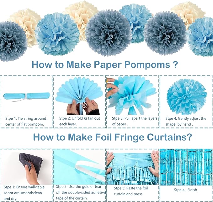 Blue Birthday Decorations - Blue Party Decor Balloons with Happy Birthday Banner Fringe Curtain Background Blue Pom Poms, Light Blue Birthday Decorations for Men Women