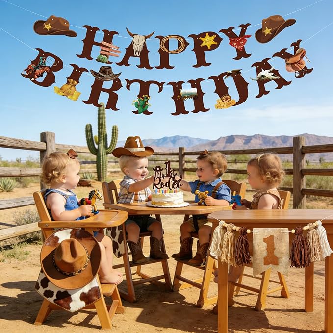 Western Cowboy 1st Birthday Decorations Boy-My First Rodeo Felt Birthday Banner Western Rodeo First Birthday High Chair Banner With Rodeo Cake Topper & Cowboy Hat，Cowboy First Birthday Decorations