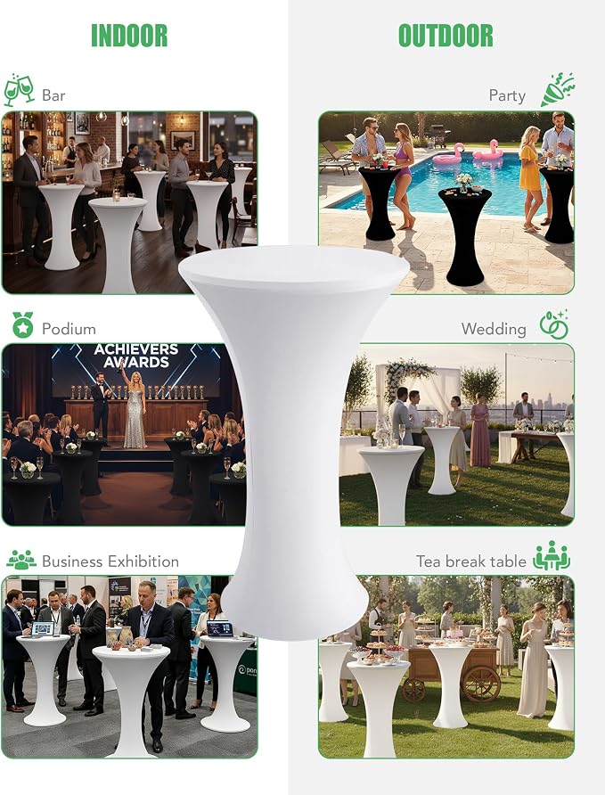 KeyWave Cocktail High Top Table Covers - 24x43 Inch Fitted Spandex Round Cocktail Tablecloth for Bar Height Standing Table Cloths Reusable, for Party Bistro Wedding Event Decorations, White, 8 Pack