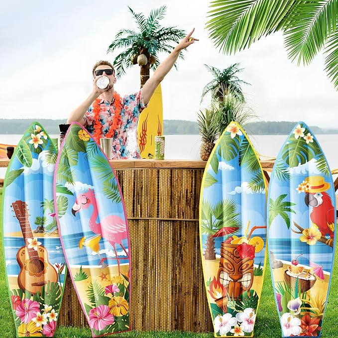 JellyArch 4 Pcs Hawaiian Inflatable Surfboard Tropical Flamingos Hawaiian Luau Party Decorations Blow up Pool Floats Surfboard Prop Wall Decor Palm Tree Summer Tiki Bar Pool Beach Party Decorations