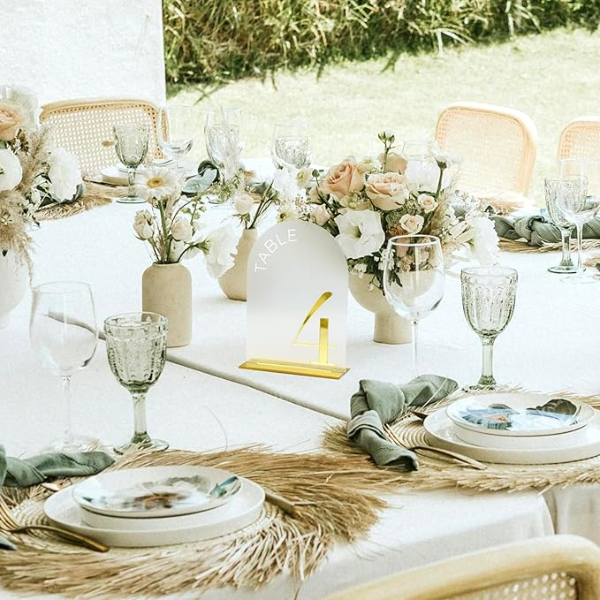 Frosted Arch Wedding Table Numbers 1-15 with Stand,15 Pack 5x7 Inch Frosted Acrylic Signs with Gold Number, Arched Acrylic Table Numbers for Wedding Reception