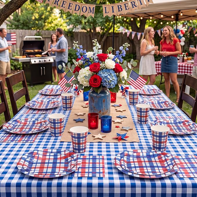 Pickmesh 250 Pcs Red White Blue Paper Plates and Napkins Set, 4th of July Patriotic Plaid Party Supplies Serves 50, 9" & 7" Plates with 9oz Cups and 6.5" Napkins for 250th Veterans Day Summer Party