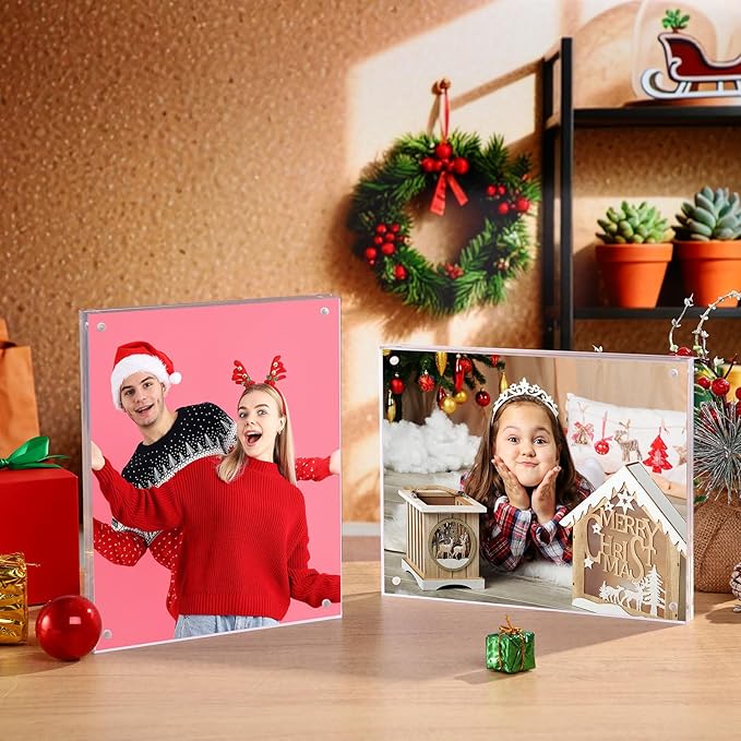 Kigley 2 Pcs 8 x 10 Inch Acrylic Picture Frames, Clear Acrylic Photo Business Card Frame Desktop Display Double Sided Wallet Size Frame Freestanding Frames for Film Photos Cards Stamp