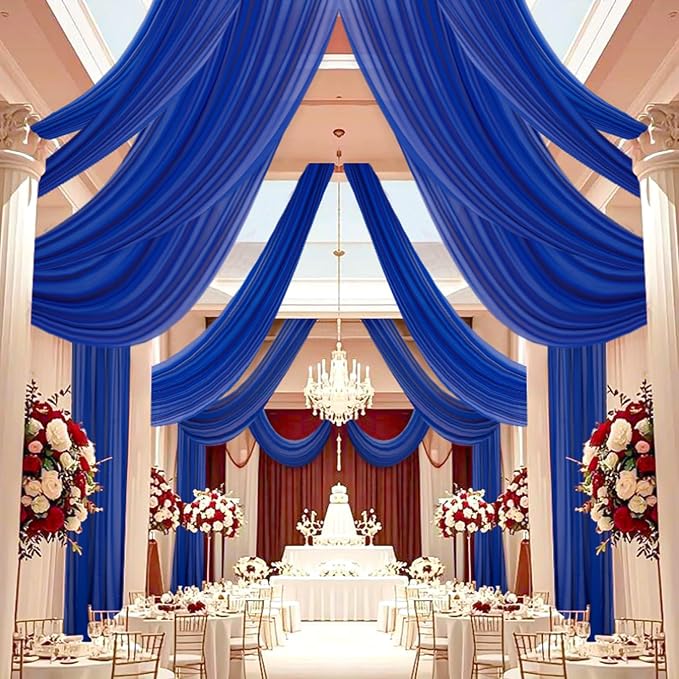 DUOBAO Royal Blue 5x20ft Chiffon Drapes 4pc Elegant Sheer Wedding Backdrop Curtains Chiffon Ceiling Drapes for Tent, Banquet Hall, and Photography
