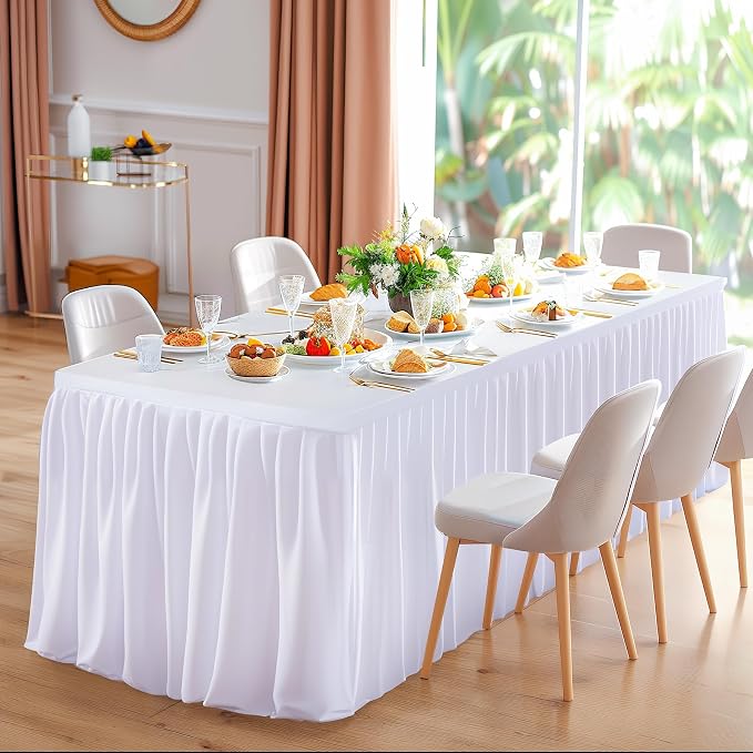 Wish Care 2 Pack White Rectangle Table Clothes for 8 Foot Tables, Polyester Fitted Tablecloths 8ft Stretch Table Cover for Wedding, Birthday, Parties, Trade Show, Craft Show