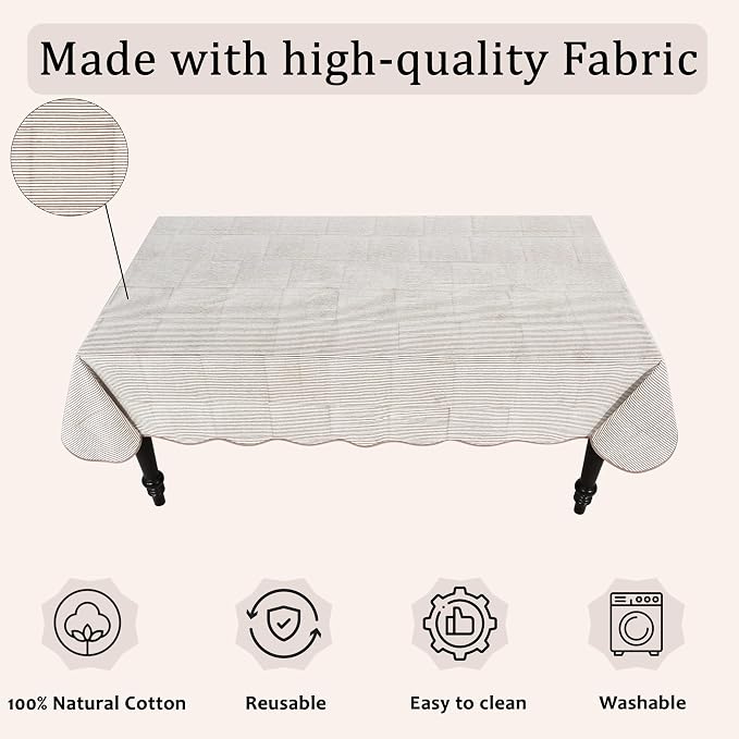 Ridhi Oatmeal Brown Stripe Block Print 60x108 Rectangle Tablecloth Table Cover for Dining Tables, Handcrafted Farmhouse Kitchen Decor, Washable, Decorative Tablecloths for Spring, Easter, Valentine