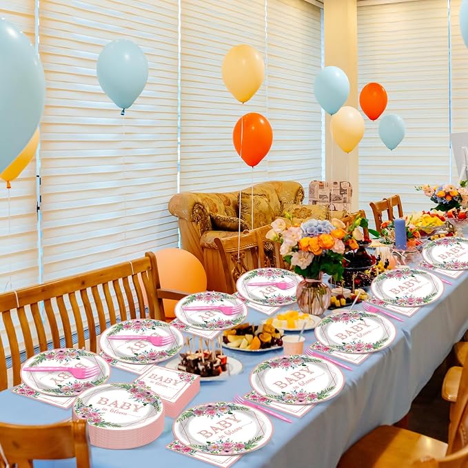 gisgfim 50 Guests Baby in Bloom Party Supplies Baby In Bloom Floral Plates and Napkins Plastic Forks Girl Floral Tableware Pink Flower Paper Plates for Birthday Party 200PCS