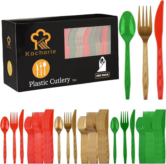 Kochorie 360 Pieces Christmas Plastic Cutlery Set Disposable Plastic Utensils Heavy Duty Flatware Set Includes Red Green Gold 120 Knives 120 Forks 120 Spoons for Christmas Party Wedding Birthday