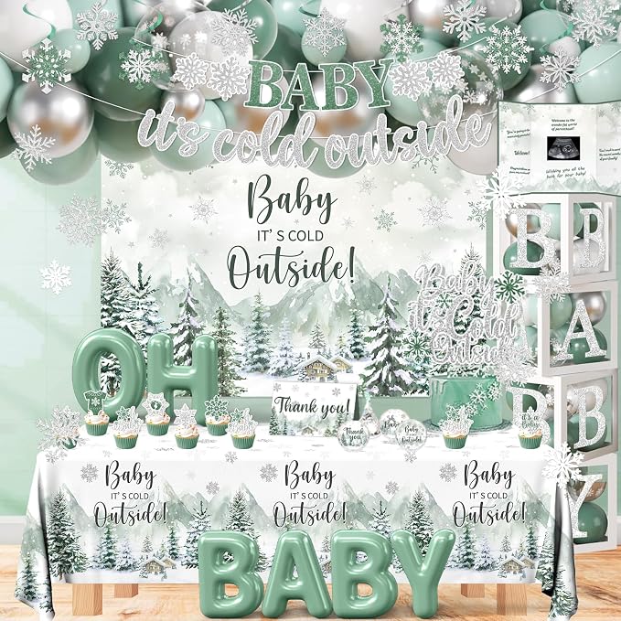 Baby It’s Cold Outside Baby Shower Decorations, Green Winter Baby Shower Decorations Winter Wonderland Tablecloth Banner Backdrop Balloon Box Cupcake Topper Hanging Swirl for Boy Girl Gender Reveal
