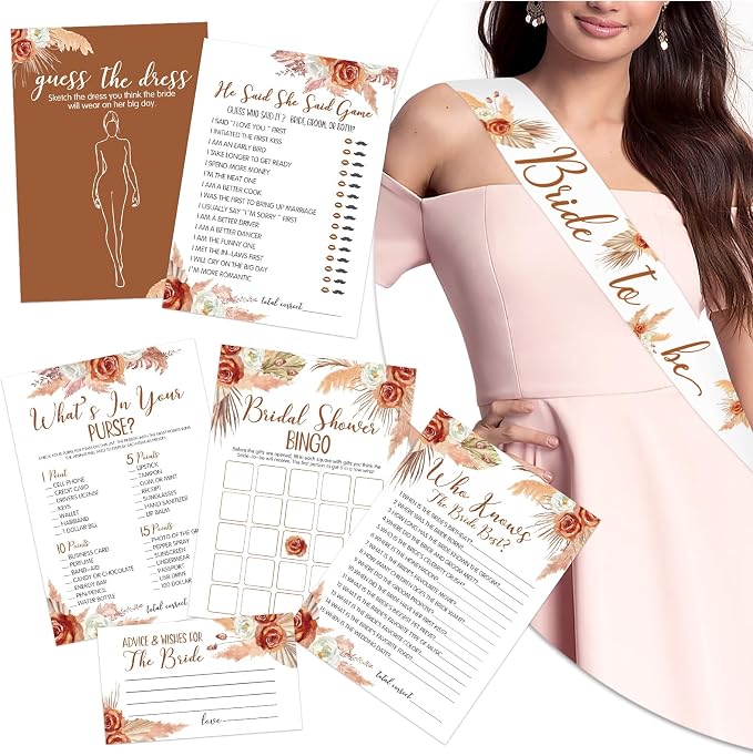 Levfla 300 Pcs Boho Bridal Shower Games Cards - Set of 6 (50 Guests) with Tropical Bohemian Bride to Be Sash 4 PCS Marker Pens Suitable for Pampas Grass Bridal Shower, Terracotta Bachelorette Party