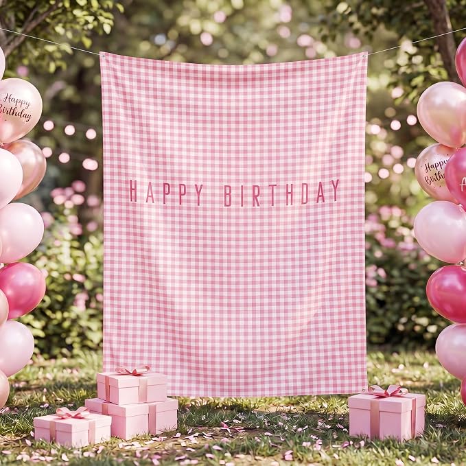 Flutesan 7x5ft Pink Gingham Happy Birthday Backdrop Large Banner Fabric Tapestry Birthday Party Decoration Baby Shower Linen Rustic Background Wall Photo Props Indoor Outdoor
