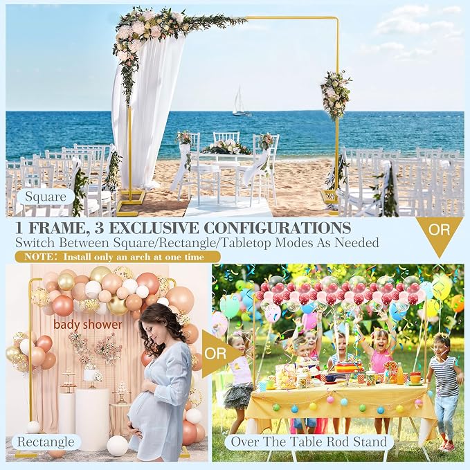 8.2FT Square Wedding Arch Backdrop Stand,Balloon Arch Stand, Metal Gold Backdrop Adjustable Stand Heavy Duty, Extra 2 Clamps Change Over The Table Rod Stand for Party Decoration,Garden Trellis Frame