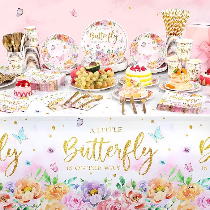 Funnymoom 452 Pcs Floral Butterfly Baby Shower Decorations, a Little Butterfly Is on the Way Paper Plates Napkins Cups Tablecloth Cutlery Straws for Summer Floral Baby Shower Party Supplies