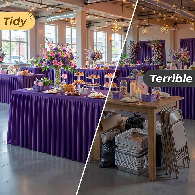 Purple Polyester Table Cloths for Rectangle 8 Foot Tables, 6 Pack Wrinkle Free Tablecloths Stretchy Banquet Ruffle Fitted Table Cover Desk Skirt for Parties Wedding Birthday Baby Shower