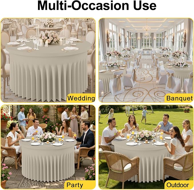 Smiry Round Spandex Tablecloth 2 Pack, Elastic Fitted Washable Tablecloths for 48 Round Tables, Waterpoof Stretch Table Cover Skirt for Outdoor, Wedding, Banquet & Parties, Taupe