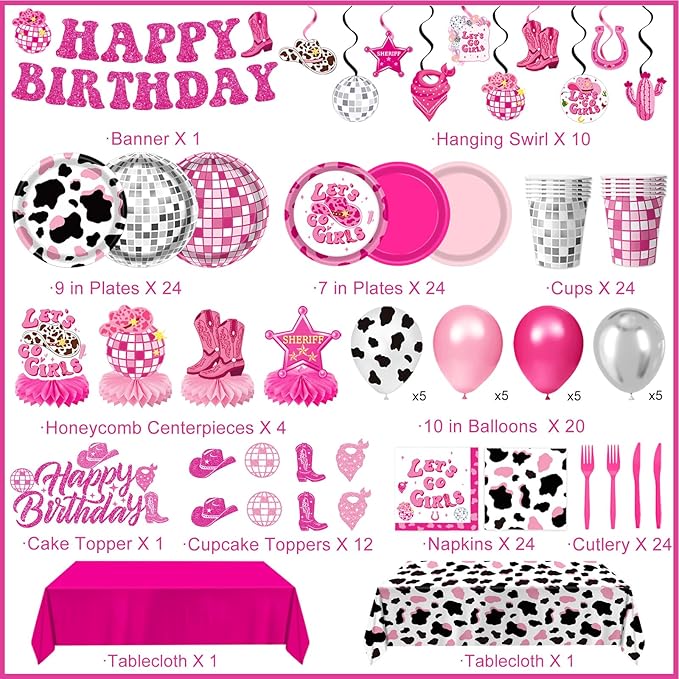 Cowgirl Birthday Party Decorations – Plates, Napkins, Cups, Banner, Hanging Swirls, Tablecloths, Balloons, Cake & Cupcake Toppers, Honeycomb Centerpieces – Disco Cowgirl Party Decorations, Serves 24