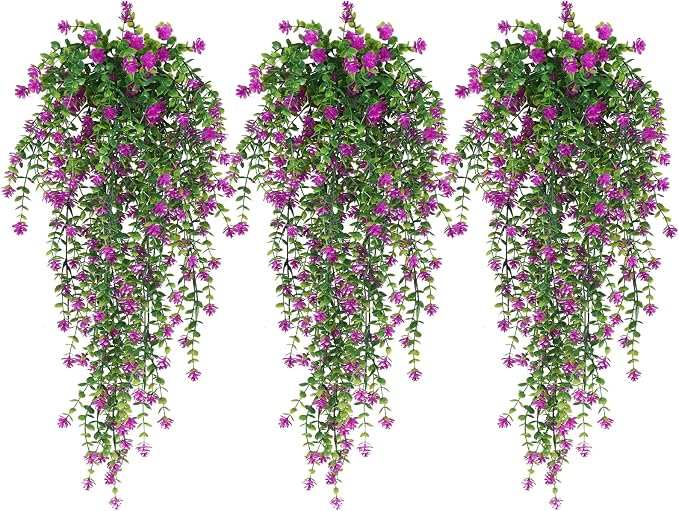 RECUTMS Artificial Fake Hanging Eucalyptus Plants Vine Hanging Plant Outdoor UV Resistant Plastic Plants Artificial Greenery for Bedroom Wall Decor Wedding Party Room Aesthetic Stuff(Fuchsia)