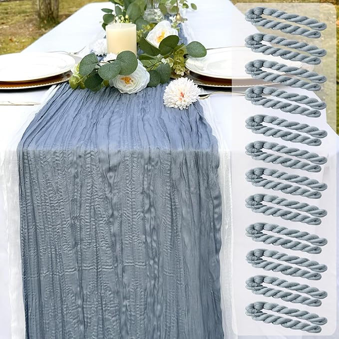 12 Pack Dusty Blue Cheesecloth Table Runner 22x120 Inch-Naturally Dyed Colors Sheer Gauze Cheese Cloth Wedding Table Runner,Rustic Boho Crinkle Fabric, Reception, Bridal Shower,Farmhouse Dining Decor