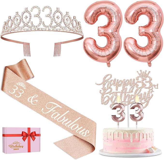 33 Birthday Decorations for Women, Including 33rd Birthday Sash and Tiara, Cake Topper and Candles, Number Balloons, 33 Year Old Gifts for Women
