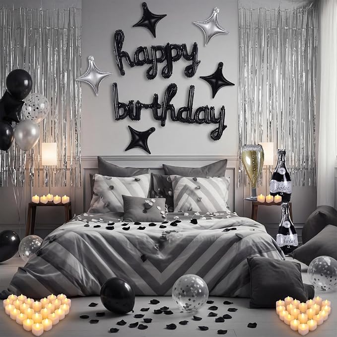 Realspring 175 Pcs Black Happy Birthday Balloons Decorations Set Black and Sliver Birthday Letters Banner with LED Candle Star Balloons 5000 Rose Petals for Surprise Party Room Decor Men Women