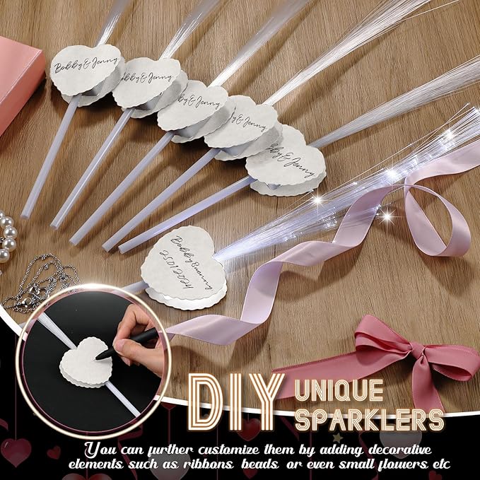 Tujoe 24 Pcs LED Wedding Sparklers Glow Sticks Heart Shape Long Fiber Optic Wands with 3 Light Modes for Send Off Reception Valentine Proposal Carnival Birthday Party Supplies Dance Floor Prop (White)