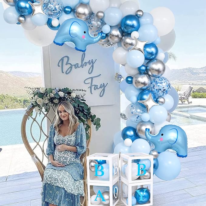 Golray 155pcs Elephant Baby Shower Decorations for Boy, Boxes with Letters/ Blue Balloon Garland Kit/ Backdrop/ Tablecloth/ Star, Elephant Kid Birthday Party Supplies Baby Boy Shower Decor